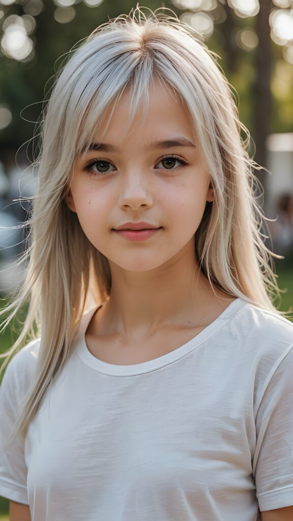 ((portrait)), detailed, silvery-skinned (((young cute girl))), 12 years old, long straight platinum hair, bangs cut, white t-shirt, side view