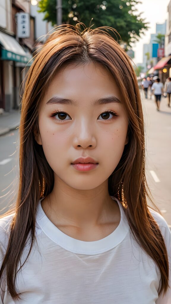 portrait from a (((beautiful little korean girl))) with glowing white skin and rosy cheek, wearing a thin white t-shirt, long, flowing (((straight light brown hair))), and a ((small mouth)) with rosy lips, looking puzzled and lost in the street, as if wondering where she is going