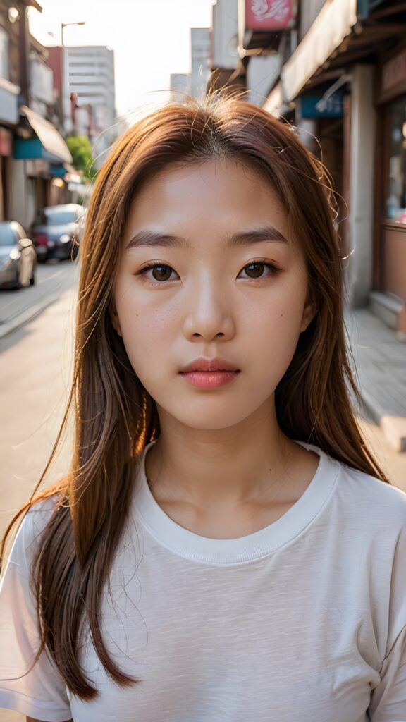 portrait from a (((beautiful little korean girl))) with glowing white skin and rosy cheek, wearing a thin white t-shirt, long, flowing (((straight light brown hair))), and a ((small mouth)) with rosy lips, looking puzzled and lost in the street, as if wondering where she is going