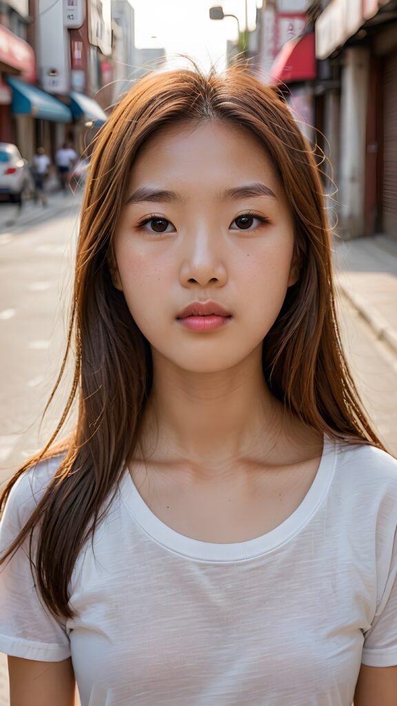 portrait from a (((beautiful little korean girl))) with glowing white skin and rosy cheek, wearing a thin white t-shirt, long, flowing (((straight light brown hair))), and a ((small mouth)) with rosy lips, looking puzzled and lost in the street, as if wondering where she is going