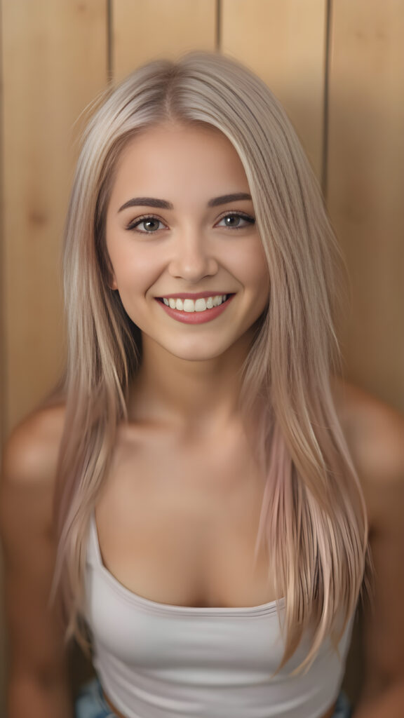 portrait, full body, warm tones, cute girl, stunning, gorgeous, she smile very happy and has long, straight soft light pink hair, cropped tank top