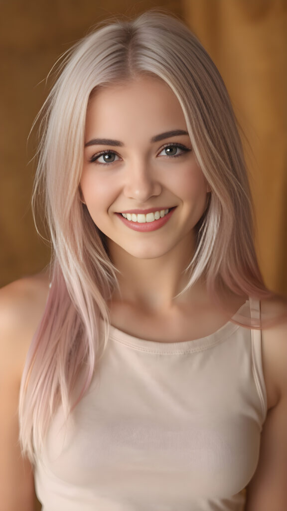 portrait, full body, warm tones, cute girl, stunning, gorgeous, she smile very happy and has long, straight soft light pink hair, cropped tank top