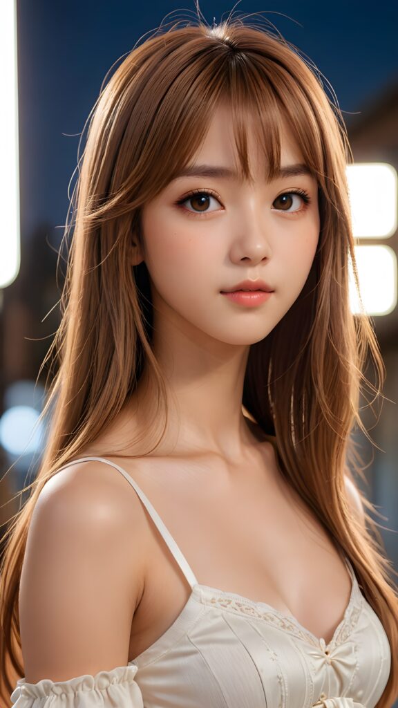 ((portrait)) of (((cute))) (((elegant))) ((attractive)) (((long, straight hazelnut hair))) ((stunning)) a beautifully realistic, cinematic lights, Japanese teen girl, 15 years old, bangs cut, realistic detailed angelic round face, ((realistic detailed hazelnut eye)) looks sadly at the camera, portrait shot, perfect curved body, (wears a super short tight (crop top) made on thin silk), perfect anatomy, side perspective