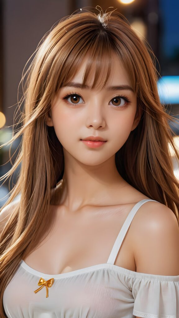 ((portrait)) of (((cute))) (((elegant))) ((attractive)) (((long, straight hazelnut hair))) ((stunning)) a beautifully realistic, cinematic lights, Japanese teen girl, 15 years old, bangs cut, realistic detailed angelic round face, ((realistic detailed hazelnut eye)) looks sadly at the camera, portrait shot, perfect curved body, (wears a super short tight (crop top) made on thin silk), perfect anatomy, side perspective