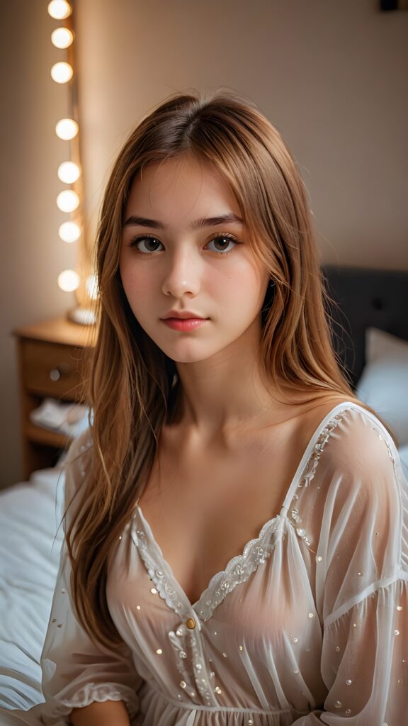 ((portrait)) of (((cute))) (((elegant))) ((attractive)) (((straight hazelnut hair))) ((stunning)) a beautifully realistic, cinematic lights, ((Burmanese teen girl)), 16 years old, getting ready for bed in a short, translucent low cut nightgown, bangs cut, realistic detailed angelic round face, looks tired at the camera