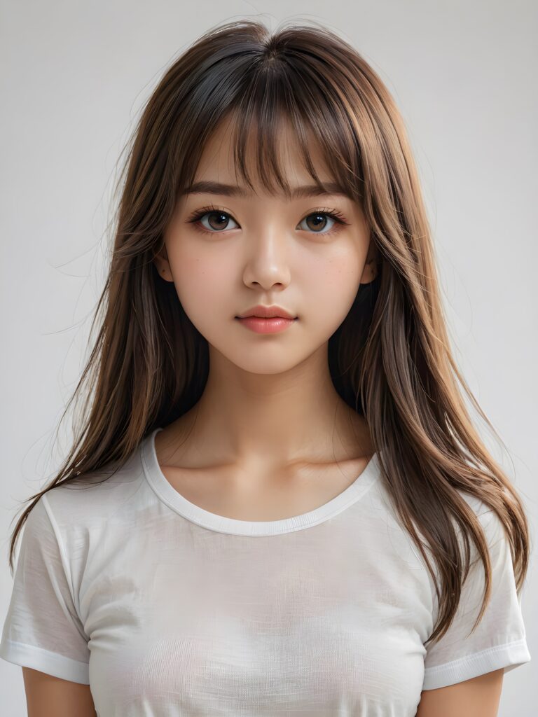 ((portrait)) of (((cute))) (((elegant))) ((attractive)) (((long, straight hair))) ((stunning)) ((pencil drawing)) a beautifully realistic, cinematic lights, Asian teen girl, 15 years old, bangs cut, realistic detailed angelic round face, ((realistic detailed eye)) looks sadly at the camera, portrait shot, perfect curved body, (wears a super short tight (white t-shirt) made on thin silk), perfect anatomy, white background, side perspective, ((no background))