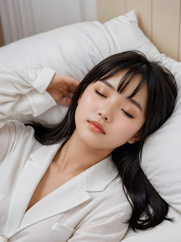 portrait of a cute sleeping Asian girl, black straight hair, bangs cut, white night suit, closed eyes, in an comfortable bed