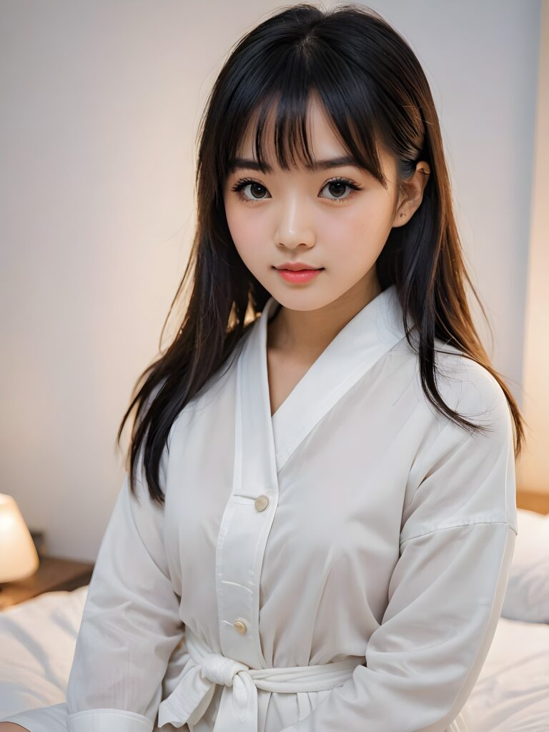 portrait of a cute Asian girl, black straight hair, bangs cut, white night suit