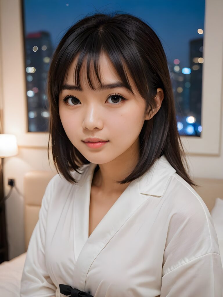 portrait of a cute Asian girl, black straight hair, bangs cut, white night suit