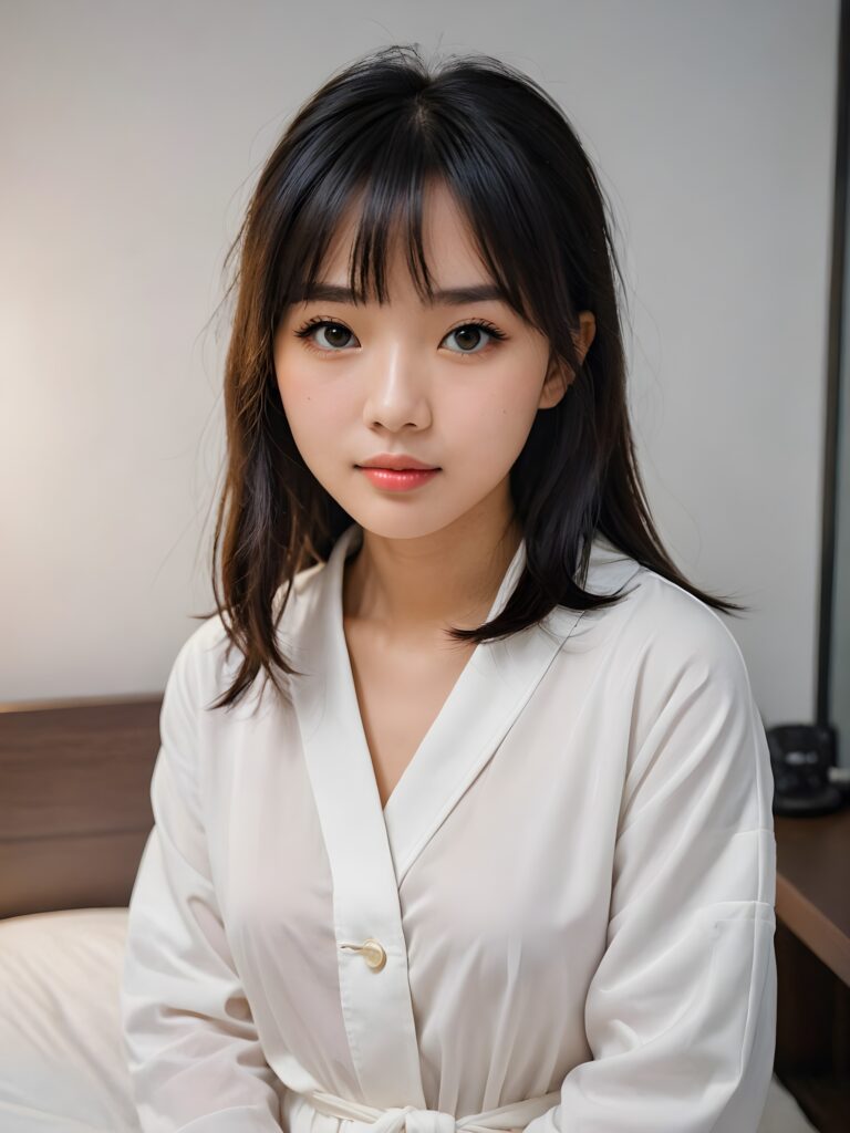 portrait of a cute Asian girl, black straight hair, bangs cut, white night suit