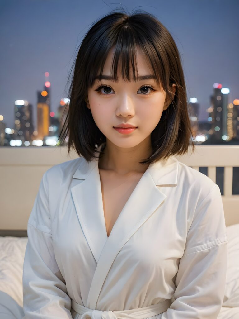 portrait of a cute Asian girl, black straight hair, bangs cut, white night suit