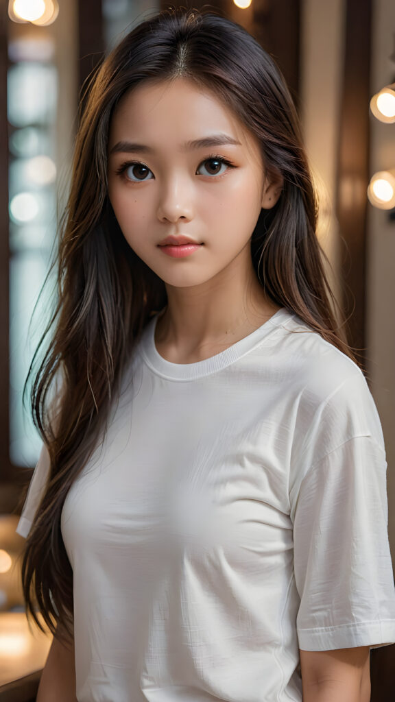 ((portrait)) of (((cute))) (((elegant))) ((attractive)) (((long, straight hair))) ((stunning)) a beautifully realistic, cinematic lights, Asian teen girl, 15 years old, realistic detailed angelic round face, ((realistic detailed eye)) looks sadly at the camera, perfect curved body, (wears a super short tight (white t-shirt) made on thin silk), perfect anatomy, side perspective