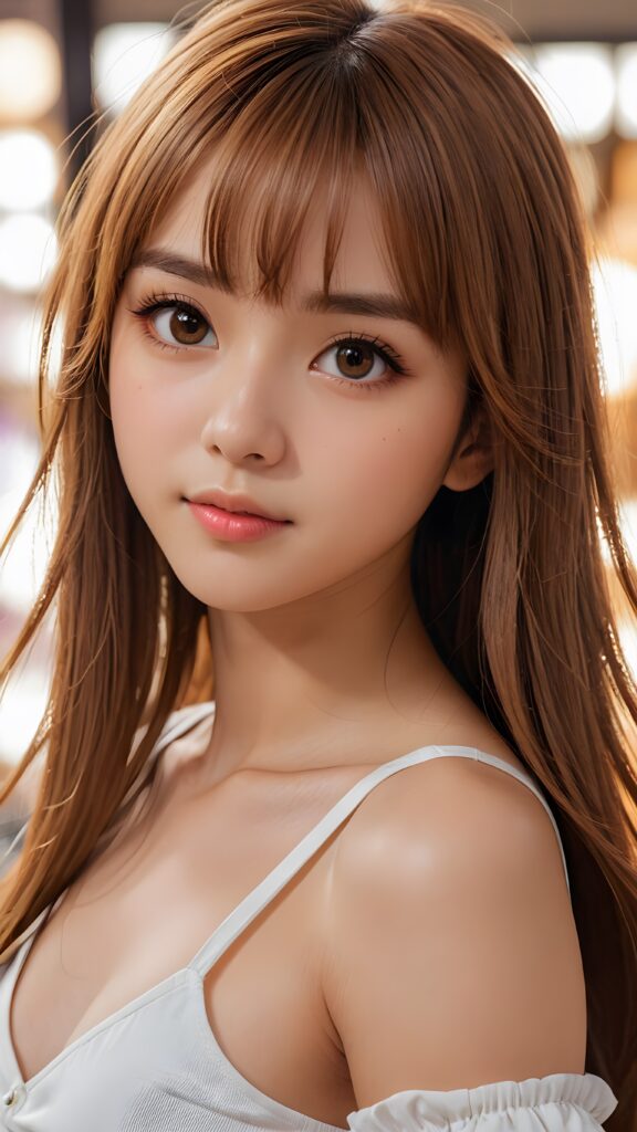 ((portrait)) of (((cute))) (((elegant))) ((attractive)) (((long, straight hazelnut hair))) ((stunning)) a beautifully realistic, cinematic lights, Japanese teen girl, 15 years old, bangs cut, realistic detailed angelic round face, ((realistic detailed hazelnut eye)) looks sadly at the camera, portrait shot, perfect curved body, (wears a super short tight (crop top) made on thin silk), perfect anatomy, side perspective