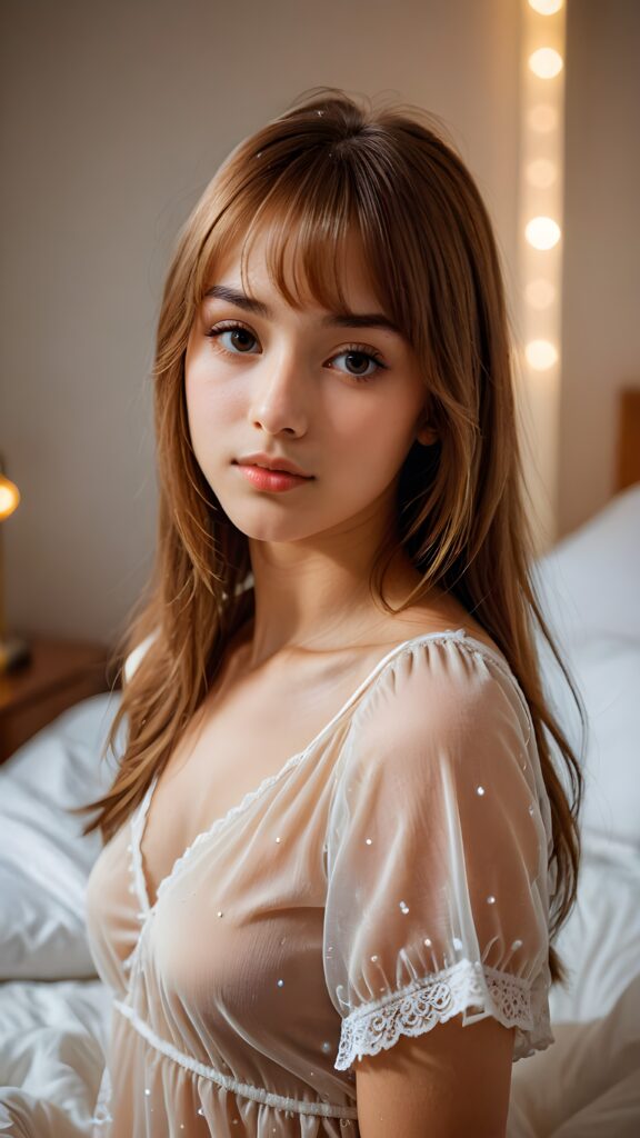 ((portrait)) of (((cute))) (((elegant))) ((attractive)) (((straight hazelnut hair))) ((stunning)) a beautifully realistic, cinematic lights, ((Burmanese teen girl)), 16 years old, getting ready for bed in a short, translucent low cut nightgown, bangs cut, realistic detailed angelic round face, looks tired at the camera