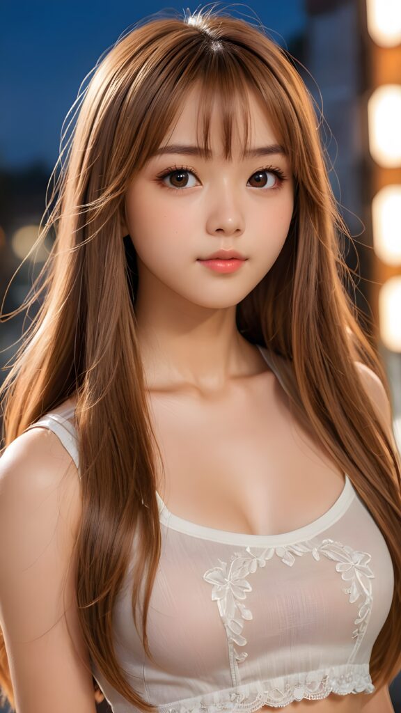 ((portrait)) of (((cute))) (((elegant))) ((attractive)) (((long, straight hazelnut hair))) ((stunning)) a beautifully realistic, cinematic lights, Japanese teen girl, 15 years old, bangs cut, realistic detailed angelic round face, ((realistic detailed hazelnut eye)) looks sadly at the camera, portrait shot, perfect curved body, (wears a super short tight (crop top) made on thin silk), perfect anatomy, side perspective