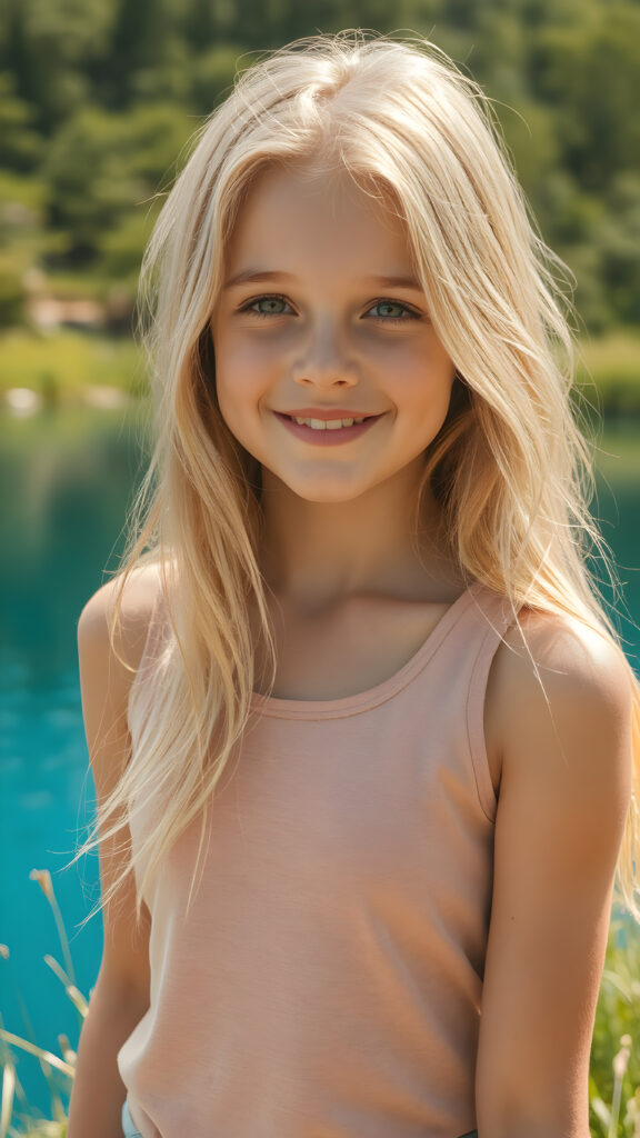 portrait, upper body, warm tones, a fantastic young girl, she is my daughter, 15 years old with long summer blond hair is standing in a sunny meadow. In the background is a deep blue lake, she is smiling, ((detailed and super realistic)), she wears a short plain tank top