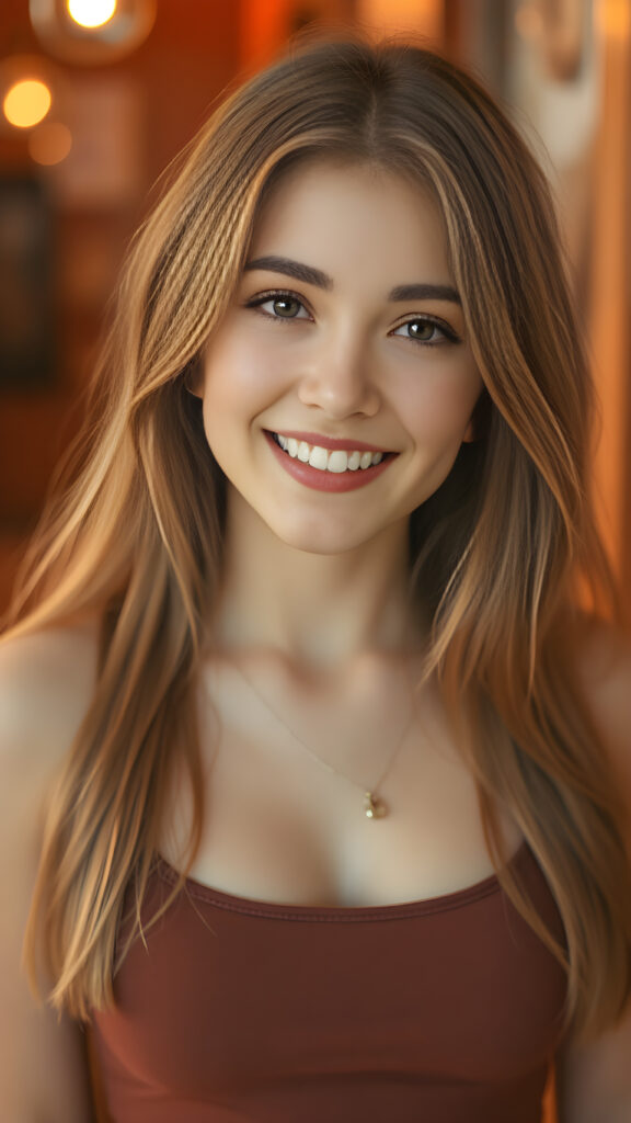 portrait, upper body, warm tones, cute well busty girl, stunning, gorgeous, she smile very happy and has long, straight soft light brown hair, cropped tank top