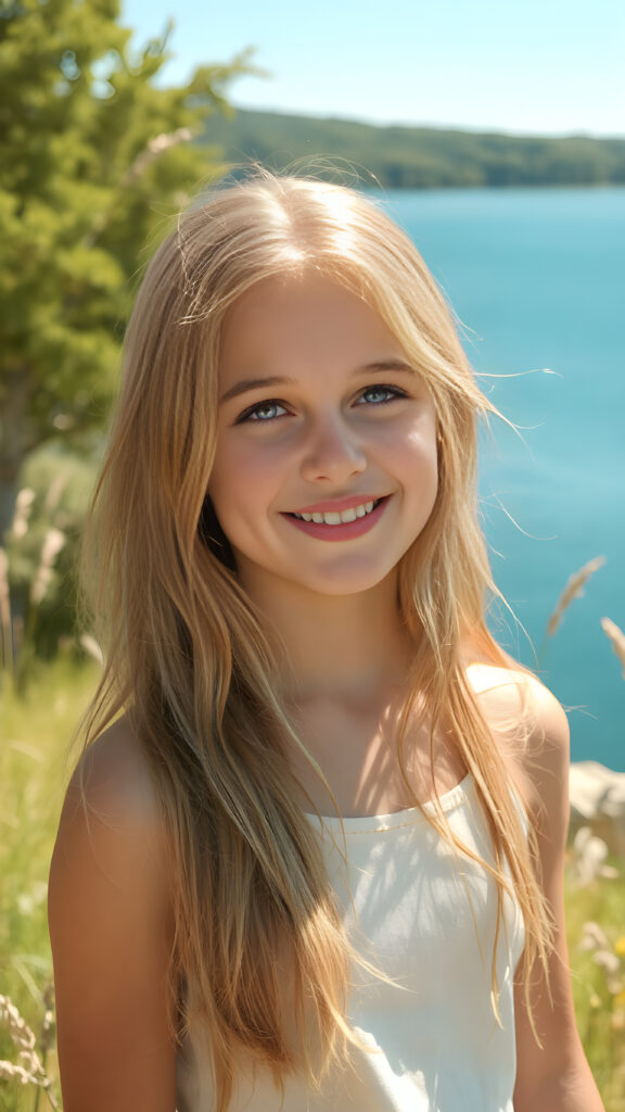 portrait, upper body, warm tones, a fantastic young girl, she is my daughter, 15 years old with long summer blond hair is standing in a sunny meadow. In the background is a deep blue lake, she is smiling, ((detailed and super realistic)), she wears a short plain tank top