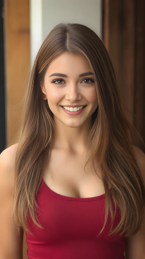 portrait, upper body, warm tones, cute well busty girl, stunning, gorgeous, she smile very happy and has long, straight soft light brown hair, cropped tank top