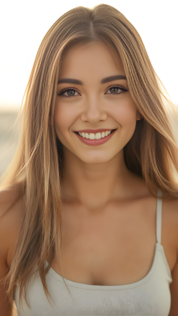 portrait, upper body, warm tones, cute well busty girl, stunning, gorgeous, she smile very happy and has long, straight soft light brown hair, cropped tank top