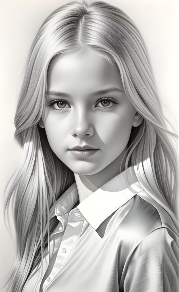 ((portrait)), detailed pencil drawing, silvery-skinned (((young girl))), long straight platinum hair, white shirt