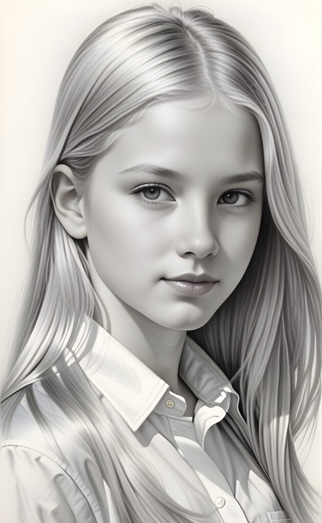 ((portrait)), detailed pencil drawing, silvery-skinned (((young girl))), long straight platinum hair, white shirt