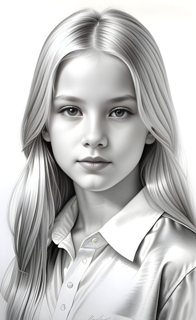 ((portrait)), detailed pencil drawing, silvery-skinned (((young girl))), long straight platinum hair, white shirt