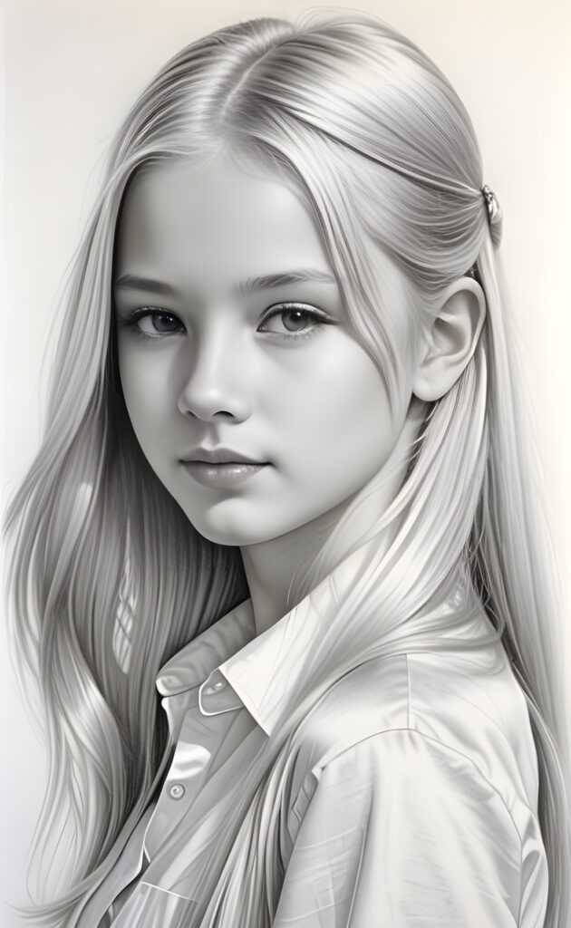 ((portrait)), detailed pencil drawing, silvery-skinned (((young girl))), long straight platinum hair, white shirt