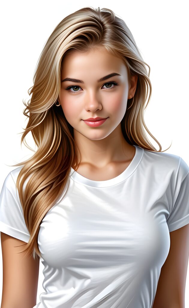 ((portrait)), realistic and detailed, young teen girl, perfect curved body, well breasted, t-shirt