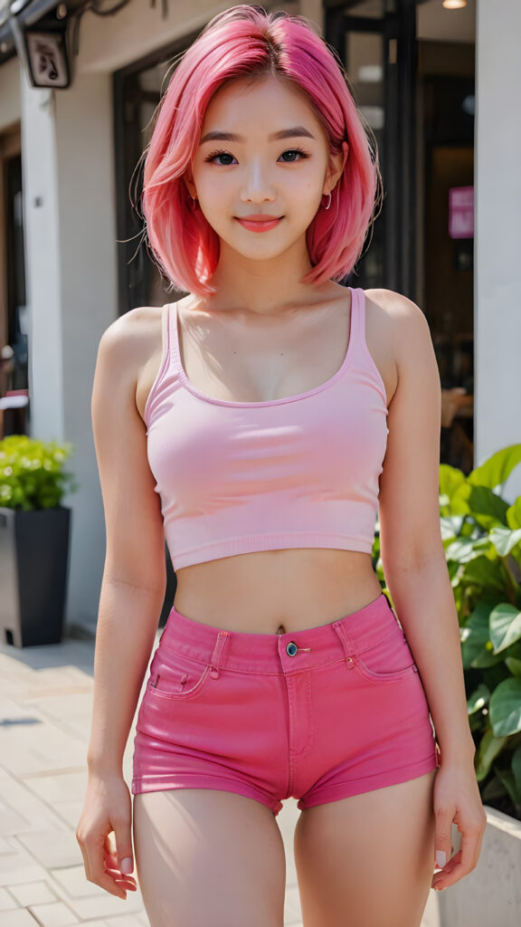 ((real korean)) ((cute)) ((stunning)) a ((beautiful)) (gorgeous) teenage girl with ((small waist)) ((perfect body)) ((perfect face)), ((wears a pink form-fitting tight cropped Tank Top, accentuating her (((navel))))) and ((loose fitting pink jean shorts)) ((smiling)) ((sunny)) ((beautiful long straight jet neon pink hair)), ((thick eyebrows)), ((full lips)) (((perfect large cute eyes))), ((pretty face)), ((cute stabs)), ((perfect curvy body)), (((korean)))