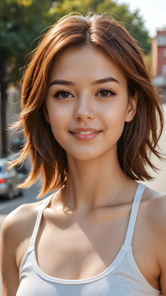 ((((realistic and detailed photo)))) ((((perfect anatomy)))), (((cute adult girl))) ((soft straight hair)) (((stunning beauty))) (((gorgeous face))) ((attractive eyes)) ((volumetric crosses)). (((super short, tight, plain cropped tank top))), (((long body))) ((curved back)), ((warm smile)) ((sunny backdrop)) (((photo realistic)))