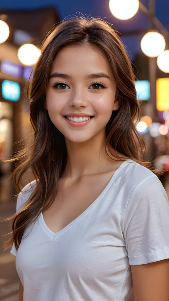 ((realistic and detailed photo)) of ((cute)) ((attractive)) ((gorgeous)) ((stunning)) a beautifully realistic, cinematic lights, teen girl, 13 years old, detailed long straight brown jet soft hair, realistic detailed round face, warm smile with white teeth, ((realistic detailed brown eye)) looks at the camera, perfect curved fit body, wears a super short tight (plain violet shirt, deep v-neck), perfect anatomy, side perspective