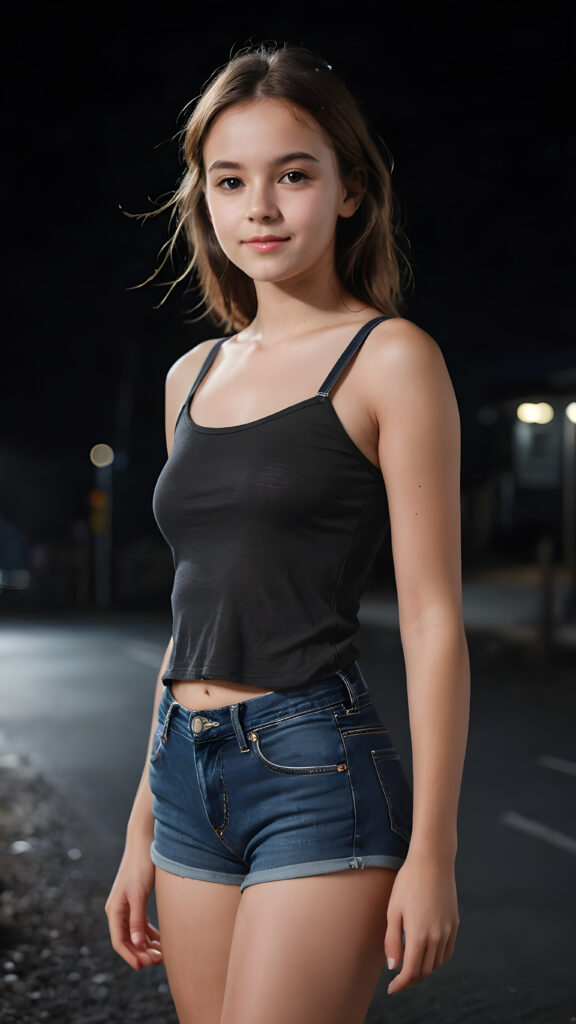 ((realistic and detailed portrait)) a thin dressed teen girl in hot pants, black background, faint moonlight illuminates the picture. There is a peaceful, pleasant atmosphere