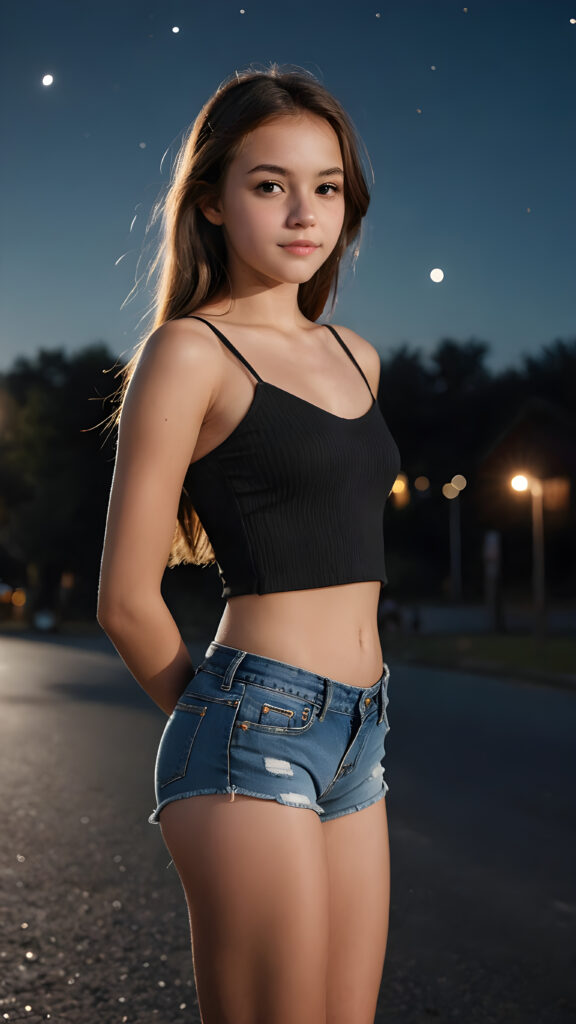 ((realistic and detailed portrait)) a thin dressed teen girl in hot pants, black background, faint moonlight illuminates the picture. There is a peaceful, pleasant atmosphere