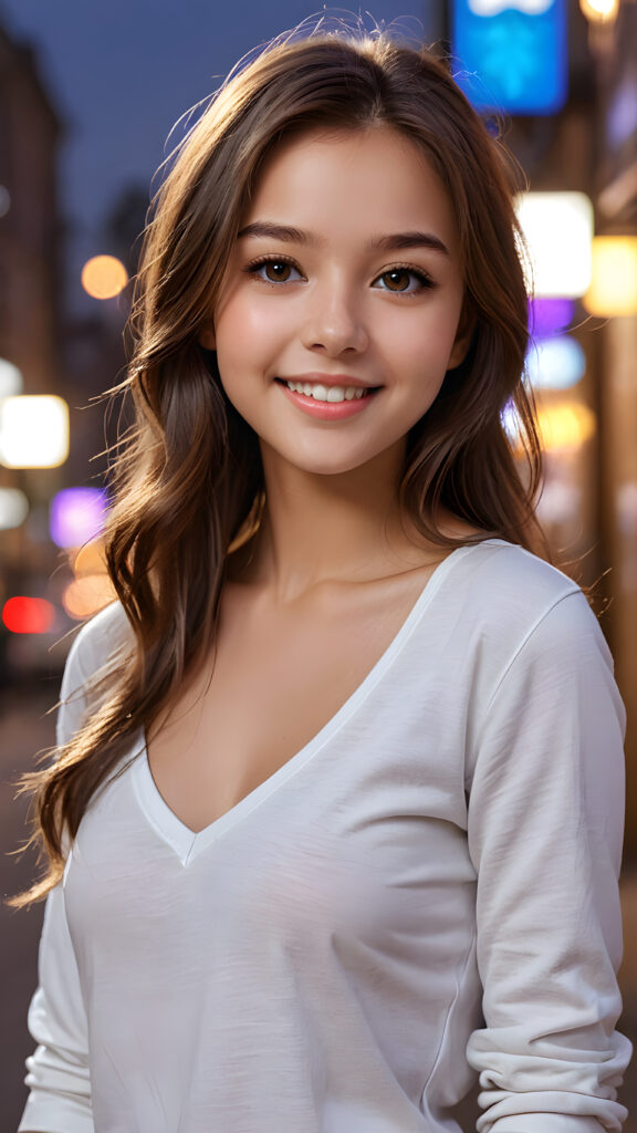 ((realistic and detailed photo)) of ((cute)) ((attractive)) ((gorgeous)) ((stunning)) a beautifully realistic, cinematic lights, teen girl, 13 years old, detailed long straight brown jet soft hair, realistic detailed round face, warm smile with white teeth, ((realistic detailed brown eye)) looks at the camera, perfect curved fit body, wears a super short tight (plain violet shirt, deep v-neck), perfect anatomy, side perspective