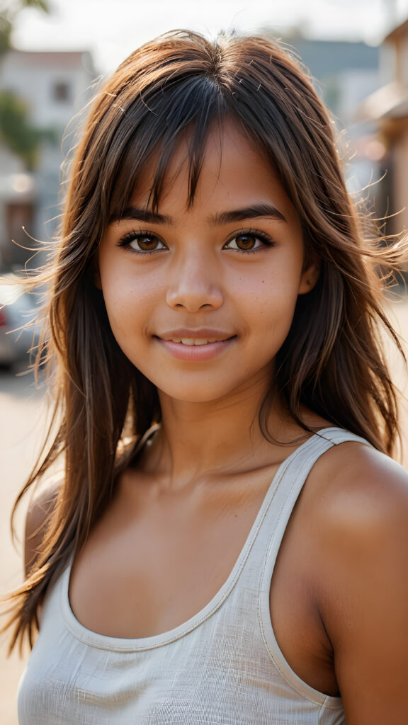 realistic and detailed photo from a pretty brown-skinned indigenous girl with soft straight very long hair, bangs cut, brown eyes, gentle smile, wearing a tank top