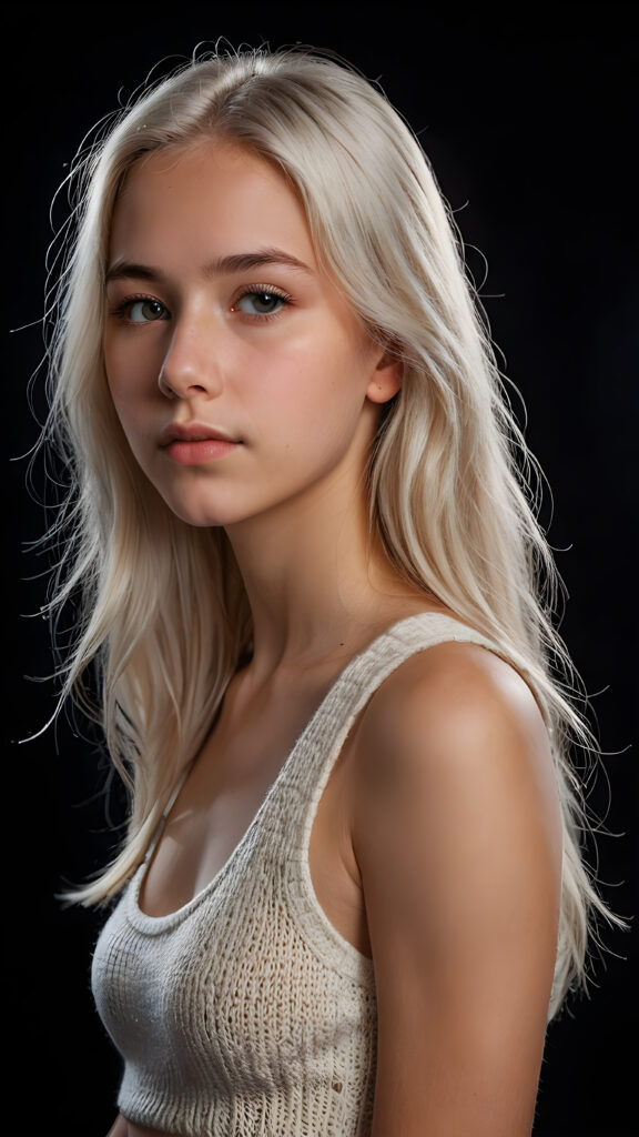 realistic and detailed portrait of a young, pretty 14 years old teen girl with long straight jet white soft hair, black background, weak light illuminates the girl a little, side view, wears a thin cropped white tank top made of wool, perfect body