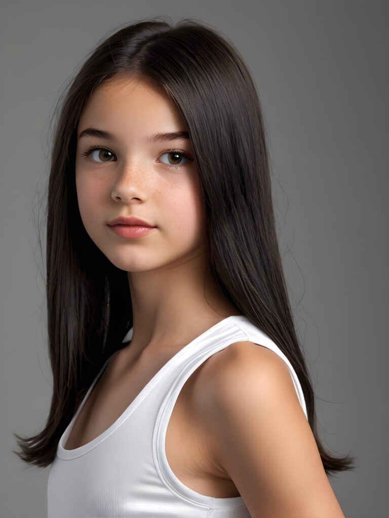 realistic and detailed portrait: a (((super cute teen girl, 13 years old, captured in upper body view))), ((flawless beautiful soft skin)), (((black soft sleek straight long hair))), angelic round face with full lips, emoting joy, framed in a side profile portrait shot against a (((grey backdrop))), with perfect anatomics and curved body, wears a (((super short thin white crop tank top))), ((side view))