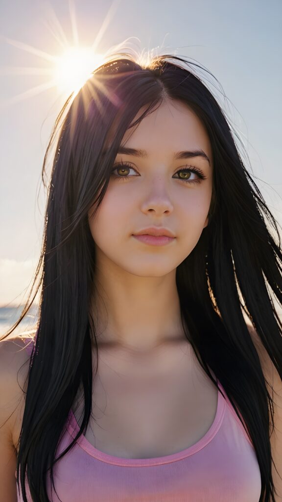 realistic and detailed portrait from a (((cute teen emo girl with long, soft black straight hair framing her face in gentle waves)) and amber eyes, full lips, ((wears a no printed short form-fitting pink tank top)), against a (((sunny backdrop))))), she is beautiful