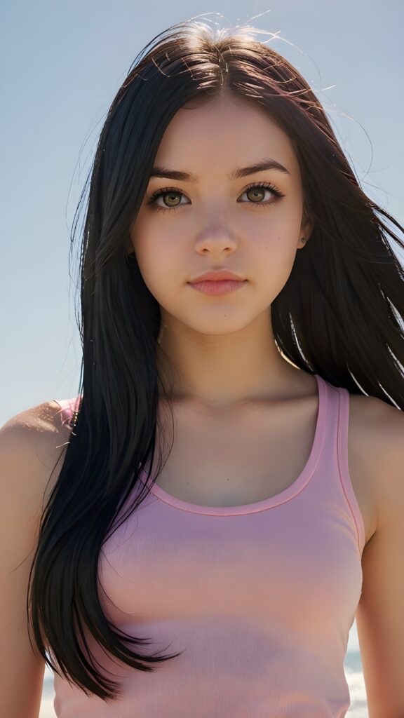 realistic and detailed portrait from a (((cute teen emo girl with long, soft black straight hair framing her face in gentle waves)) and amber eyes, full lips, ((wears a no printed short form-fitting pink tank top)), against a (((sunny backdrop))))), she is beautiful