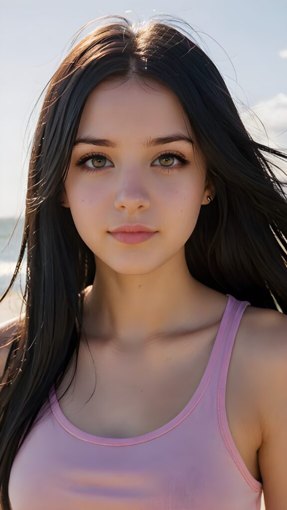 realistic and detailed portrait from a (((cute teen emo girl with long, soft black straight hair framing her face in gentle waves)) and amber eyes, full lips, ((wears a no printed short form-fitting pink tank top)), against a (((sunny backdrop))))), she is beautiful