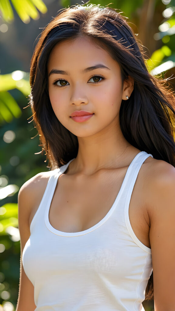 realistic and detailed upper-body photo from a beautiful, young (((petite Hawaiian teen girl))) with ((long, straight, shiny soft black hair)), she wears a thin form-fitting ((plain white tank top, perfect curved body)), flawless tanned skin, and dark, reflective eyes, perfect full kissable detailed lips, her face is framed by perfect contrast and shadow, set against a (((natural, gorgeous backdrop))), making her an (((instant classic))), both (((stunning))) and (((cute)))