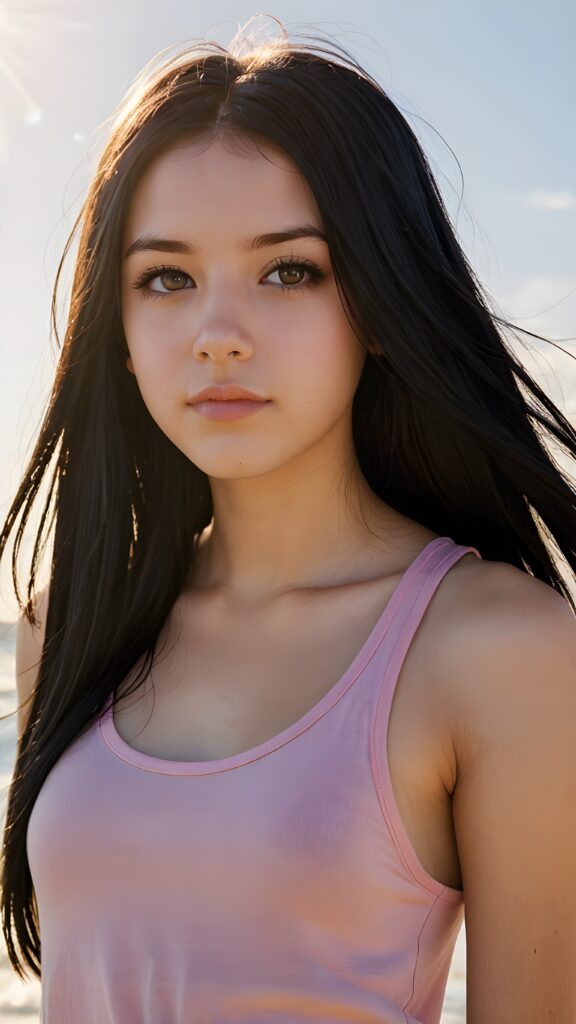 realistic and detailed portrait from a (((cute teen emo girl with long, soft black straight hair framing her face in gentle waves)) and amber eyes, full lips, ((wears a no printed short form-fitting pink tank top)), against a (((sunny backdrop))))), she is beautiful