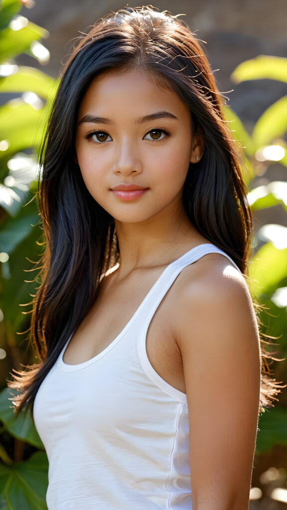 realistic and detailed upper-body photo from a beautiful, young (((petite Hawaiian teen girl))) with ((long, straight, shiny soft black hair)), she wears a thin form-fitting ((plain white tank top, perfect curved body)), flawless tanned skin, and dark, reflective eyes, perfect full kissable detailed lips, her face is framed by perfect contrast and shadow, set against a (((natural, gorgeous backdrop))), making her an (((instant classic))), both (((stunning))) and (((cute)))