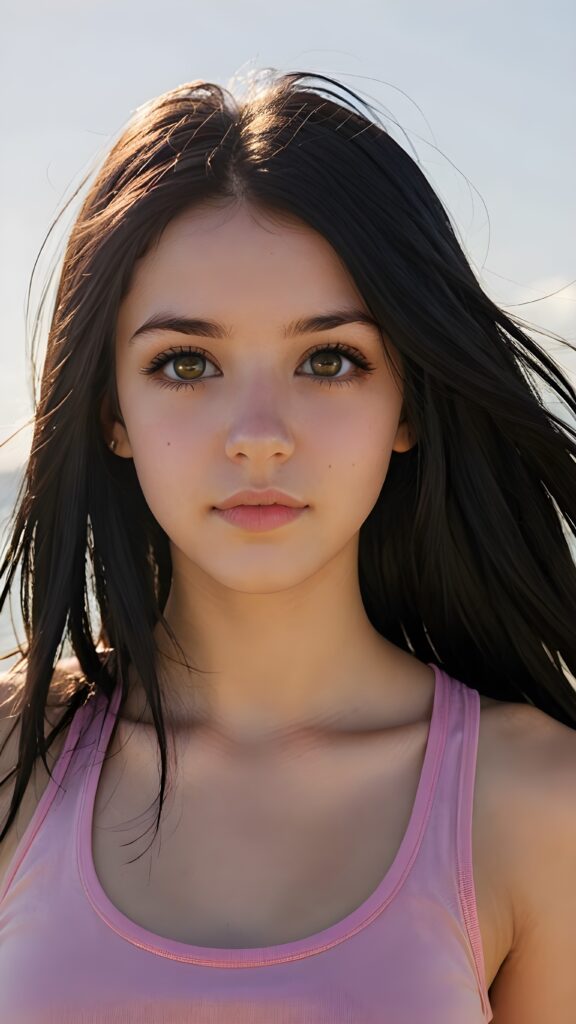 realistic and detailed portrait from a (((cute teen emo girl with long, soft black straight hair framing her face in gentle waves)) and amber eyes, full lips, ((wears a no printed short form-fitting pink tank top)), against a (((sunny backdrop))))), she is beautiful