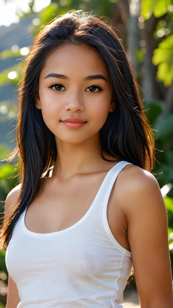 realistic and detailed upper-body photo from a beautiful, young (((petite Hawaiian teen girl))) with ((long, straight, shiny soft black hair)), she wears a thin form-fitting ((plain white tank top, perfect curved body)), flawless tanned skin, and dark, reflective eyes, perfect full kissable detailed lips, her face is framed by perfect contrast and shadow, set against a (((natural, gorgeous backdrop))), making her an (((instant classic))), both (((stunning))) and (((cute)))