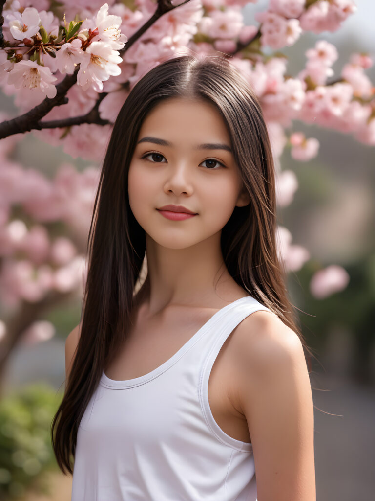 a (((super cute teen girl, 15 years old, captured in an upper body view))), with flawlessly beautiful (((soft, slightly rosy skin))), and (((long, sleek, luxurious black hair))), exuding pure happiness, framed in a (((side profile portrait))) that captures every intricate detail, from her serene, angelic features to the delicate petals of a (((cherry blossom))), with a (((super short, thin, white crop tank top))), (((side view)))