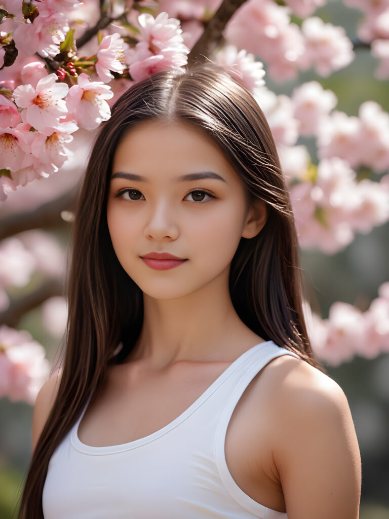 a (((super cute teen girl, 15 years old, captured in an upper body view))), with flawlessly beautiful (((soft, slightly rosy skin))), and (((long, sleek, luxurious black hair))), exuding pure happiness, framed in a (((side profile portrait))) that captures every intricate detail, from her serene, angelic features to the delicate petals of a (((cherry blossom))), with a (((super short, thin, white crop tank top))), (((side view)))