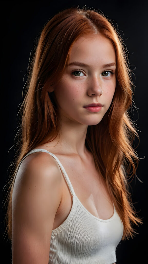 realistic and detailed portrait of a young, pretty 13 years old teen girl with long straight jet red soft hair, black background, weak light illuminates the girl a little, side view, wears a thin cropped white tank top made of fine wool, perfect body