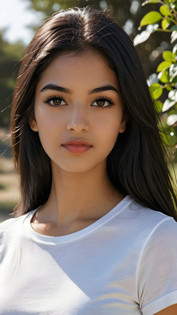 realistic and detailed photo from a beautiful, young (((Persian teen girl))) with ((long, straight, shiny soft black hair)), she wears a thin form-fitting plain white t-shirt, flawless dark skin, and dark, reflective eyes, perfect full kissable detailed lips, her face is framed by perfect contrast and shadow, set against a (((natural, gorgeous backdrop))), making her an (((instant classic))), both (((stunning))) and (((cute)))